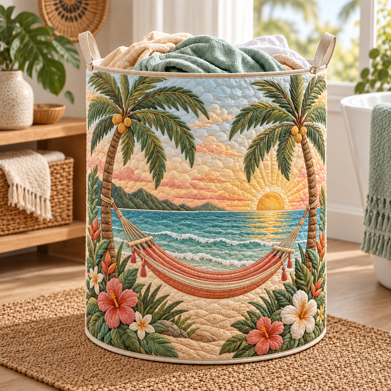 Tropical Hammock Sunset Quilted Laundry Basket
