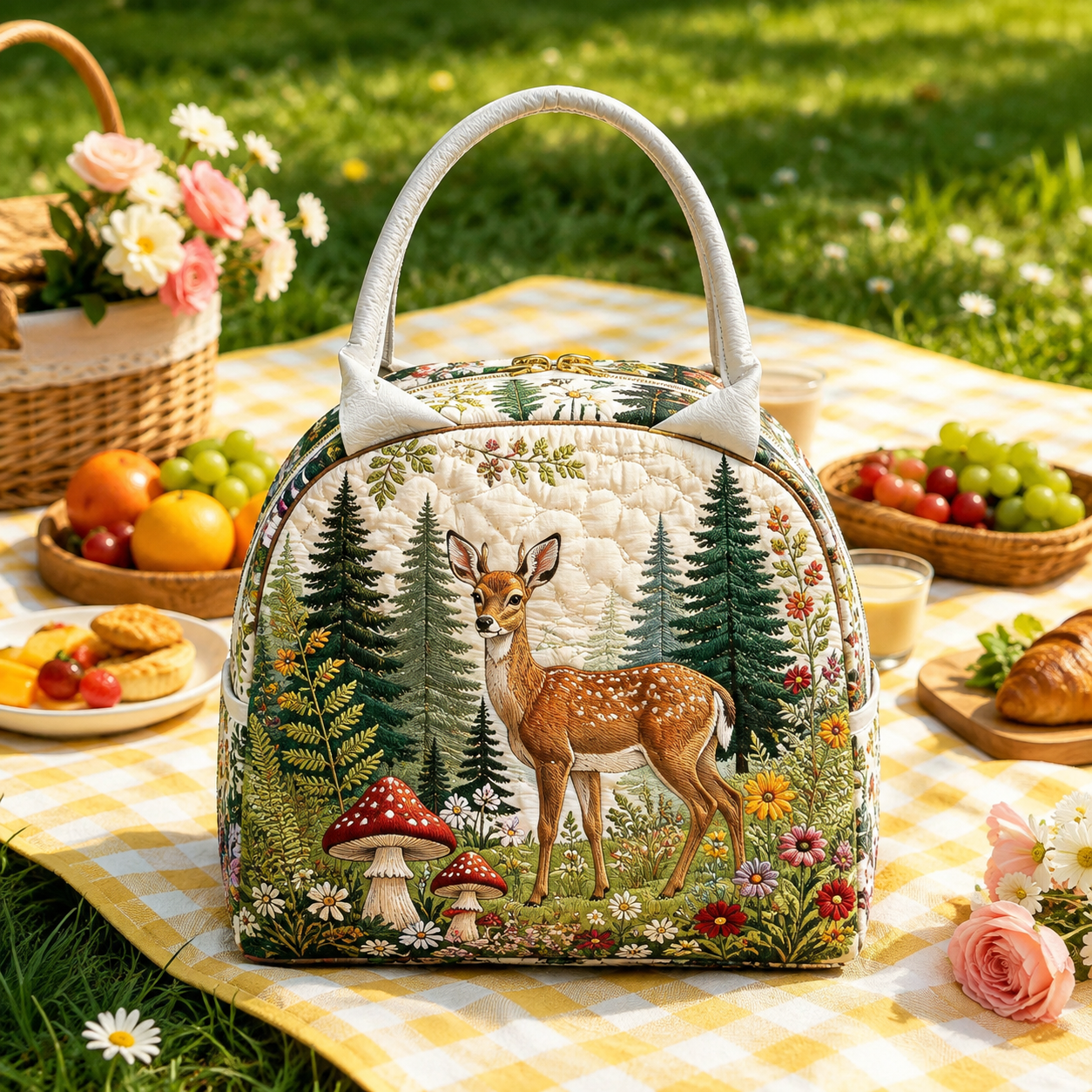 Woodland Deer & Mushroom Quilted Lunch Bag