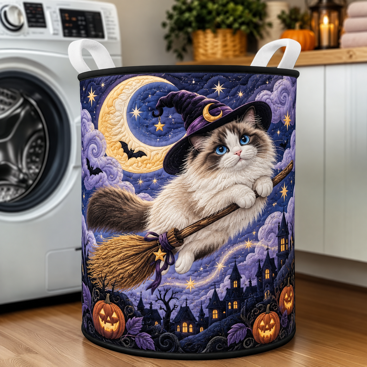 Witch Cat Moonlight Quilted Laundry Basket