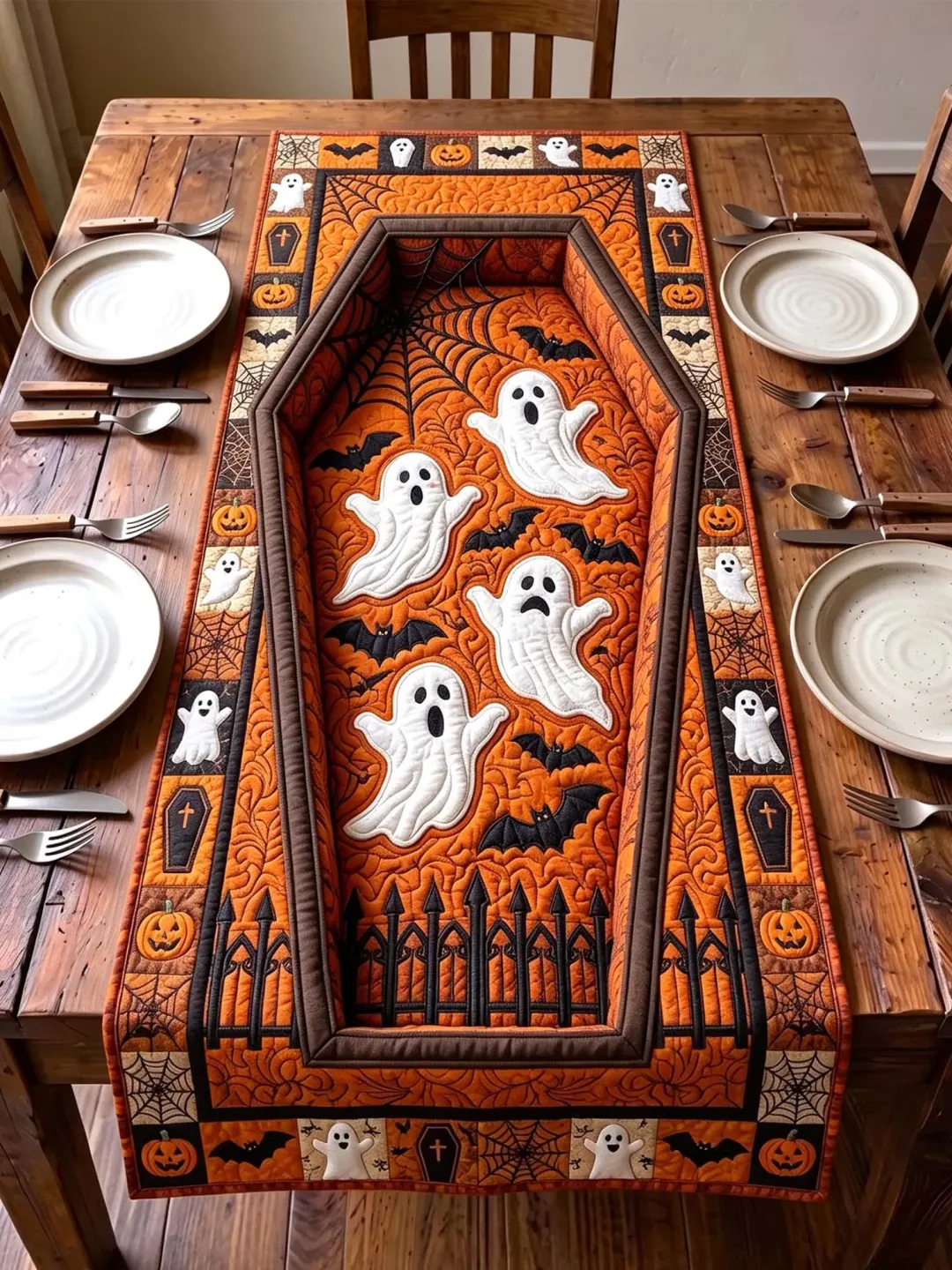 Spooky Ghost Coffin Quilted Table Runner – Halloween Dining Table Decor