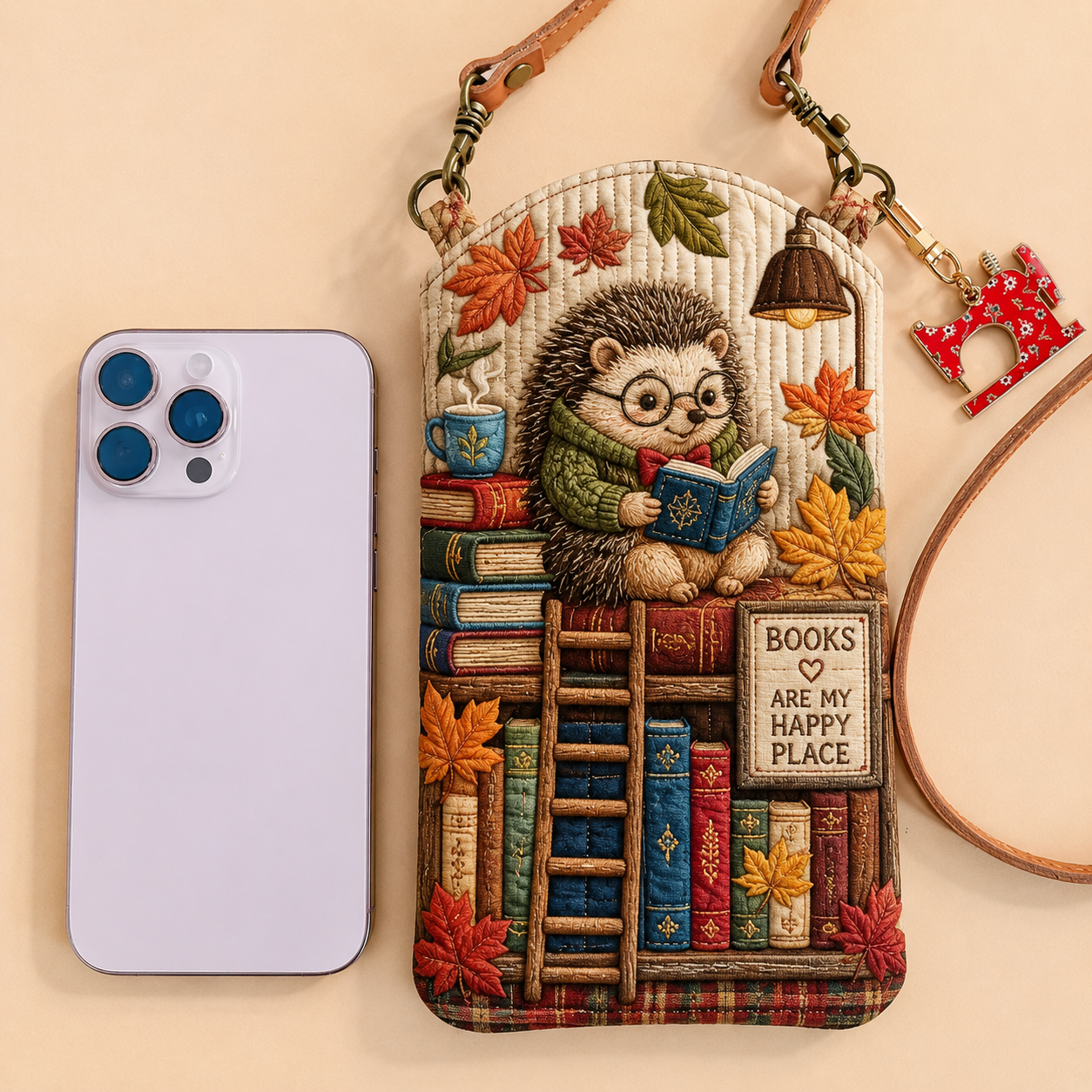 Autumn Hedgehog Book Nook Quilted Slim Phone Crossbody Bag