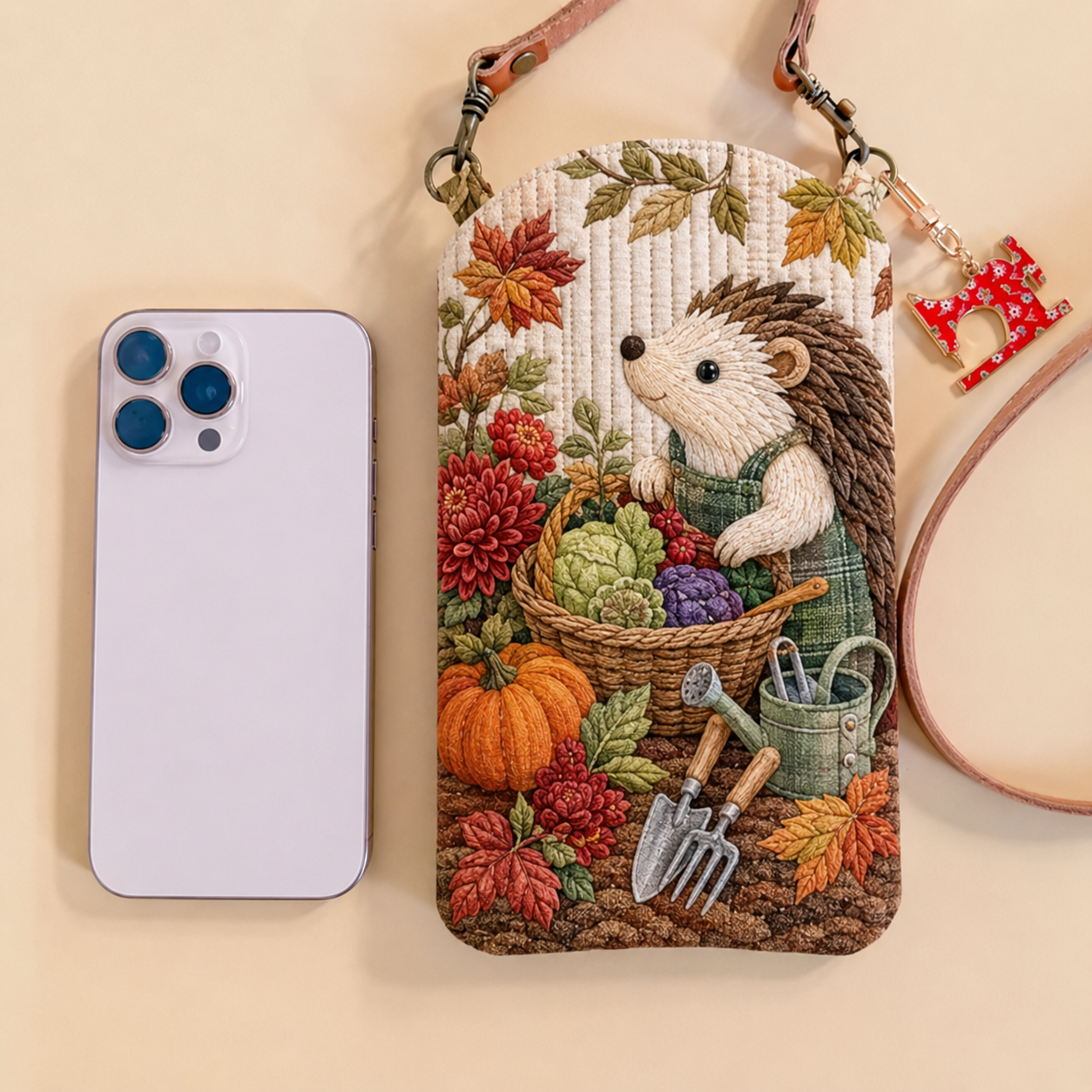 Autumn Harvest Hedgehog Quilted Slim Phone Crossbody Bag