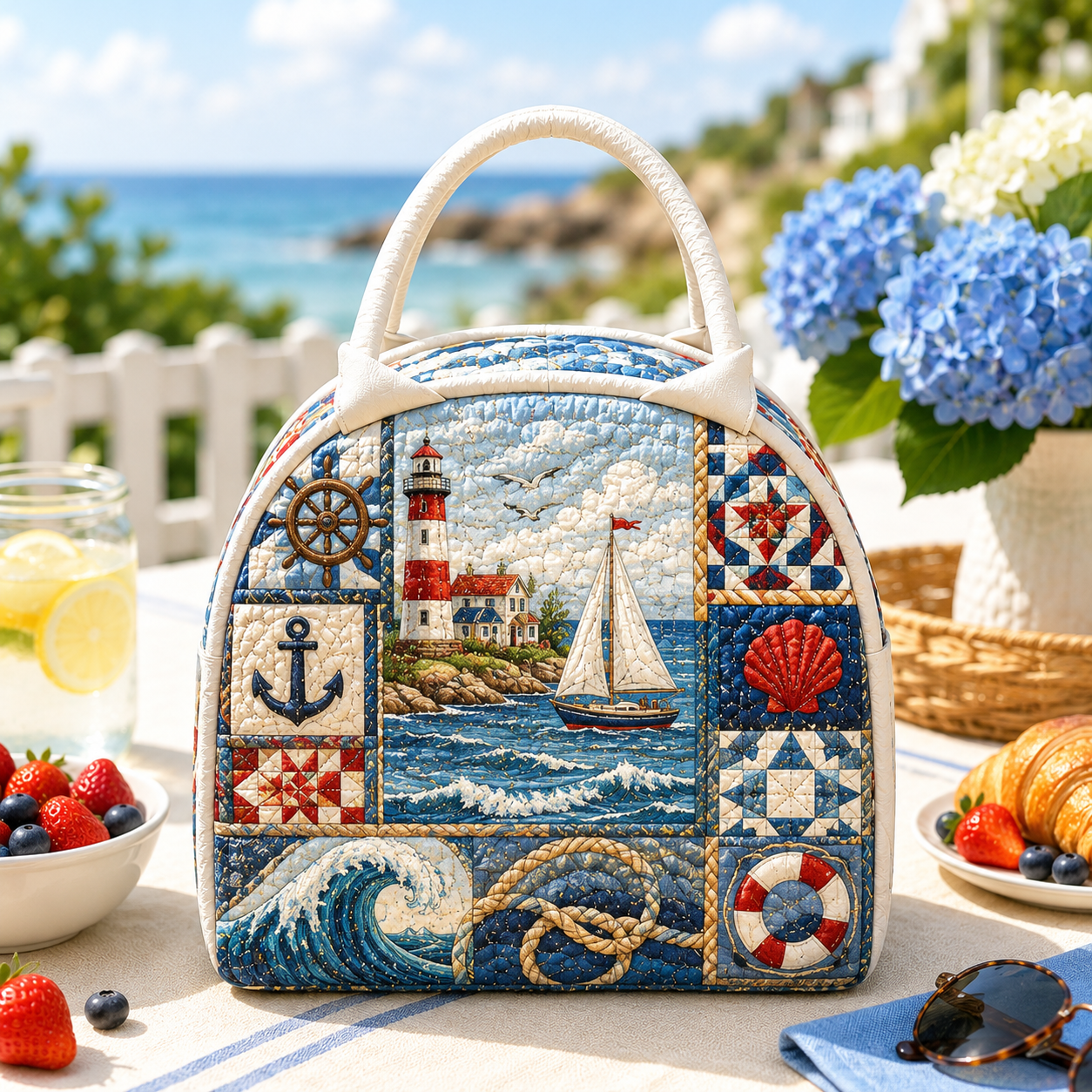 Coastal Lighthouse Sailing Quilted Lunch Bag