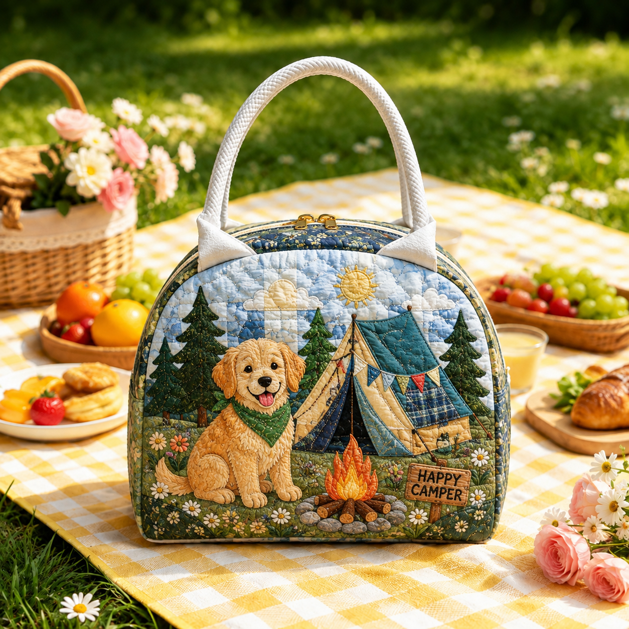 Happy Camper Puppy Quilted Lunch Bag