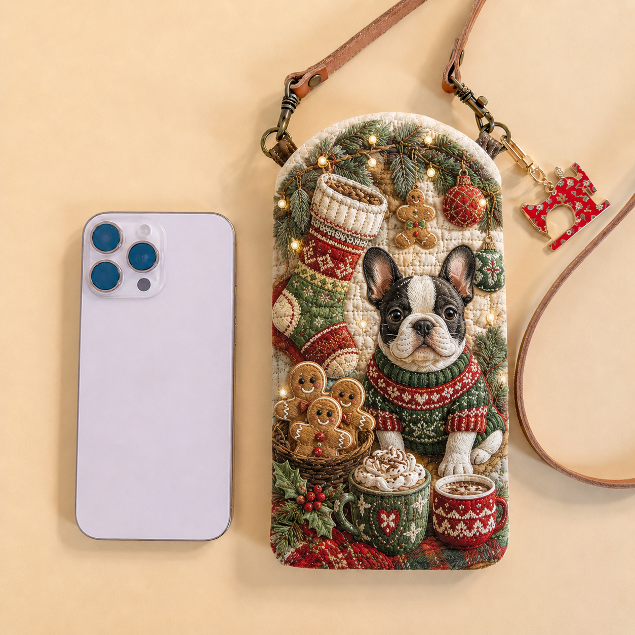 French Bulldog Christmas Cocoa Quilted Slim Phone Crossbody Bag
