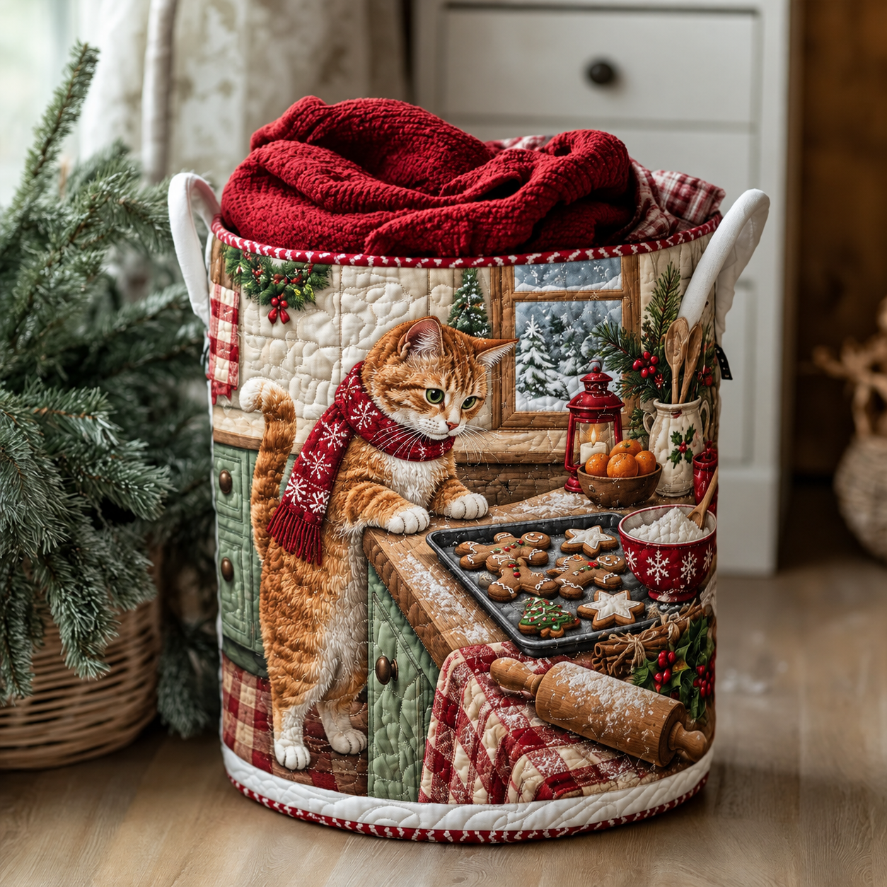 Christmas Baking Tabby Cat Quilted Laundry Basket