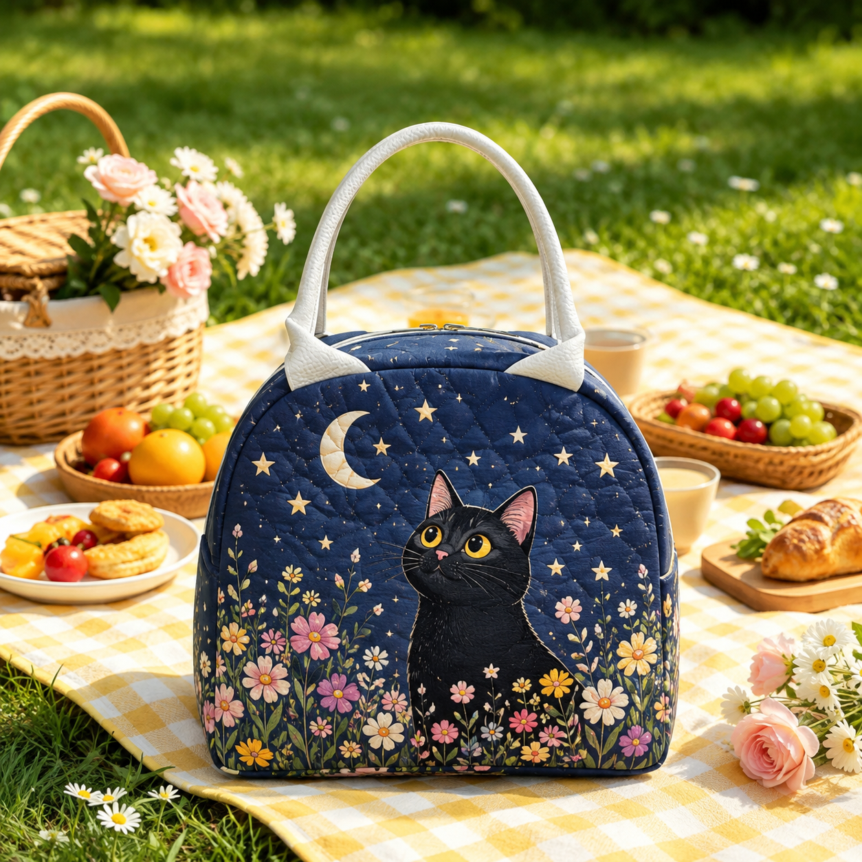 Black Cat Moonlight Quilted Lunch Bag