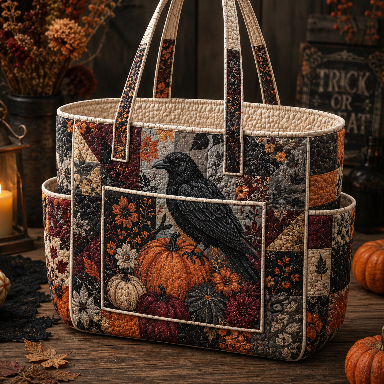 Raven Pumpkin Fall Floral Multiple Pockets Quilted Tote Bag