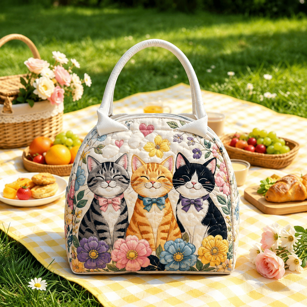 Three Cats Floral Quilted Lunch Bag