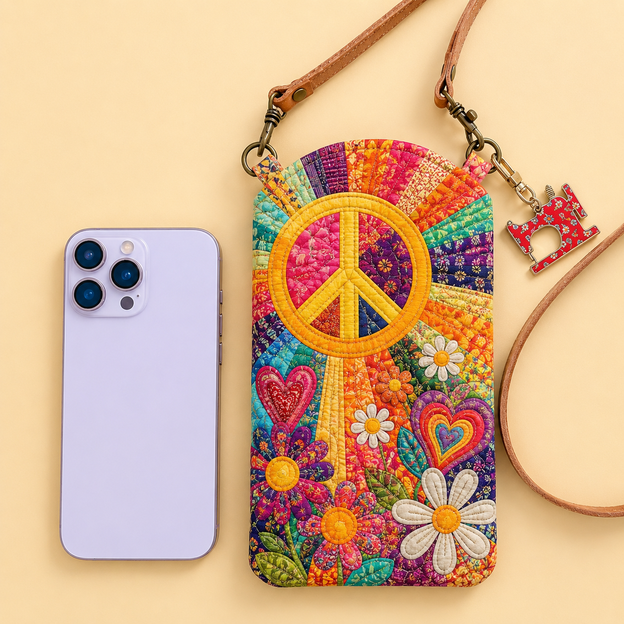 Rainbow Peace & Flower Power Quilted Slim Phone Crossbody Bag