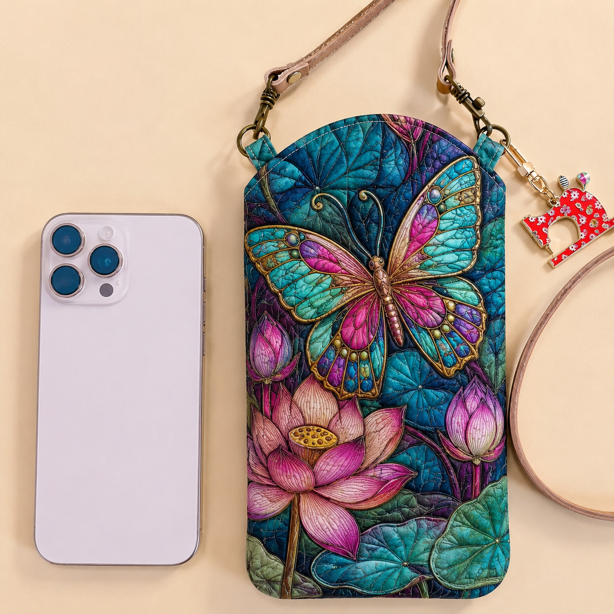 Vibrant Butterfly Lotus Garden Quilted Slim Phone Crossbody Bag