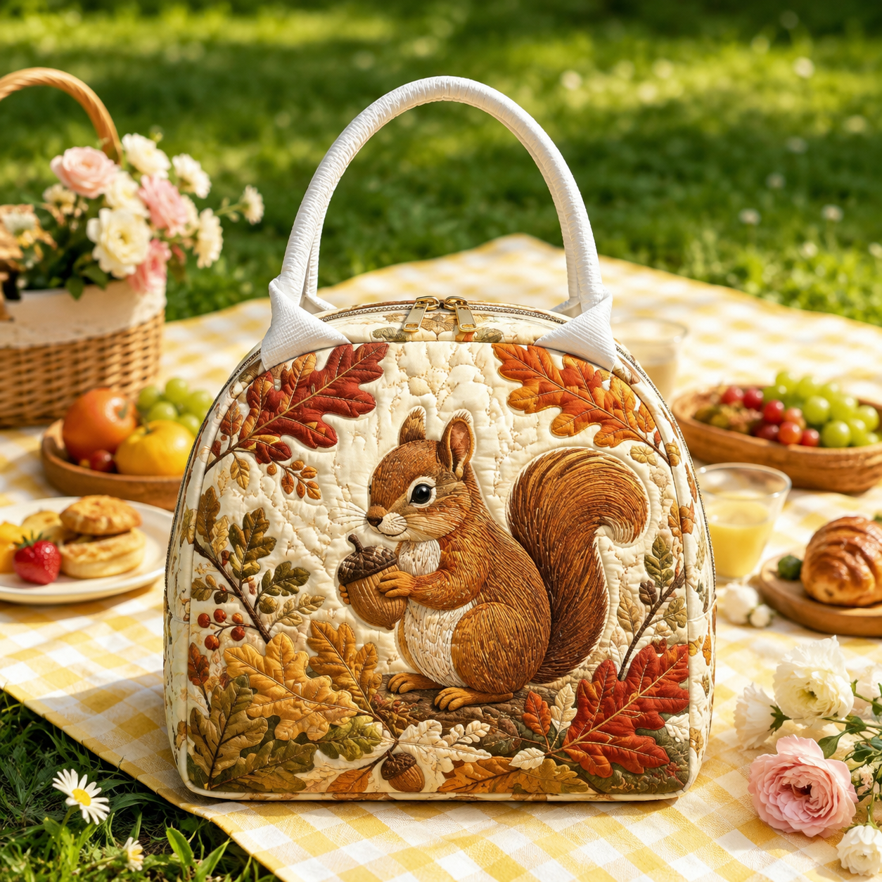Autumn Squirrel Acorn Quilted Lunch Bag