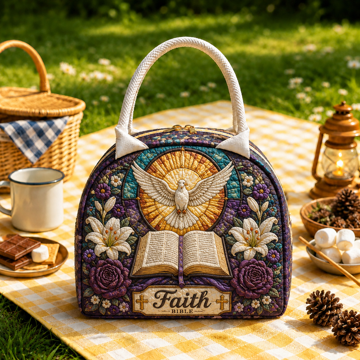 Stained Glass Dove Bible Quilted Lunch Bag