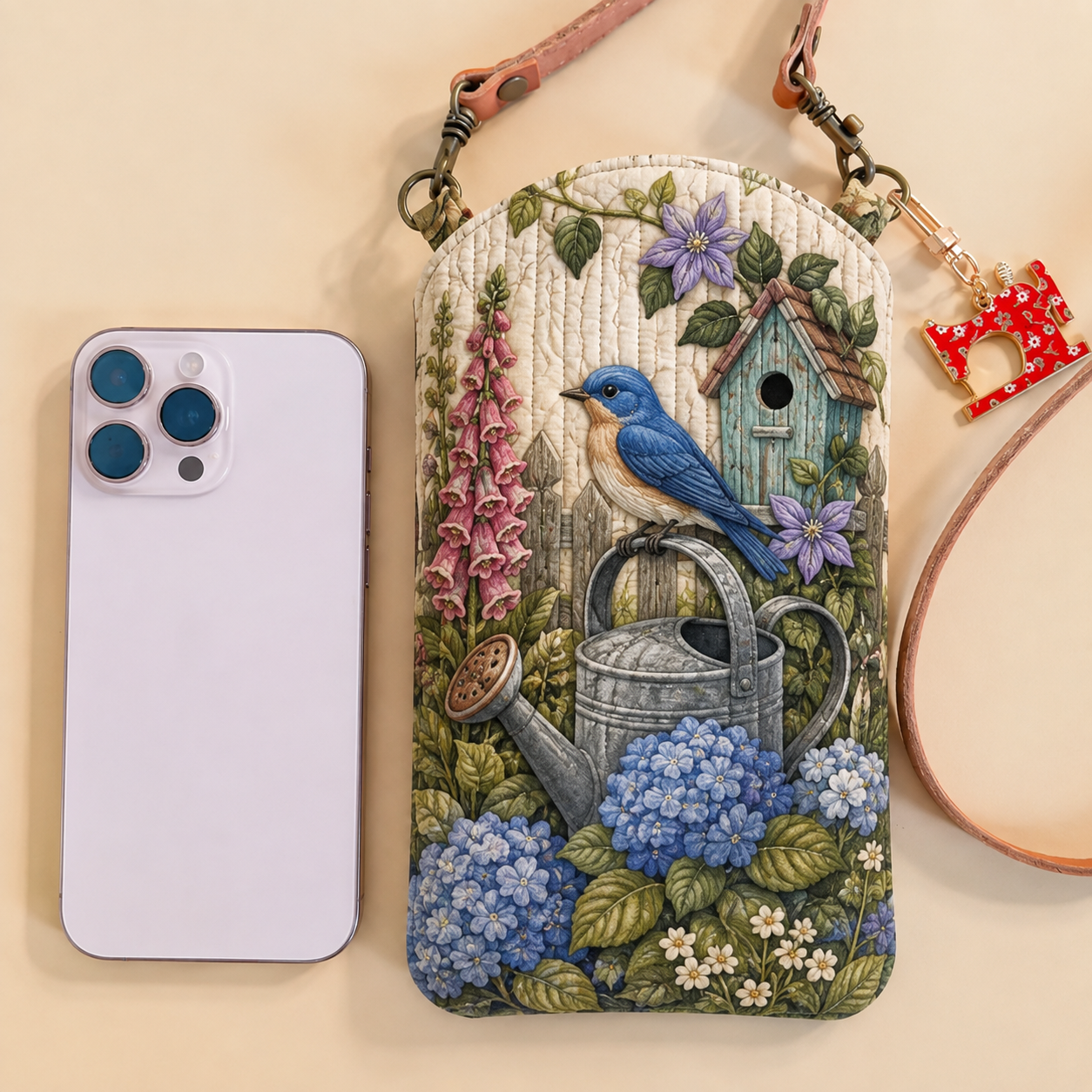 Bluebird Hydrangea Garden Quilted Slim Phone Crossbody Bag
