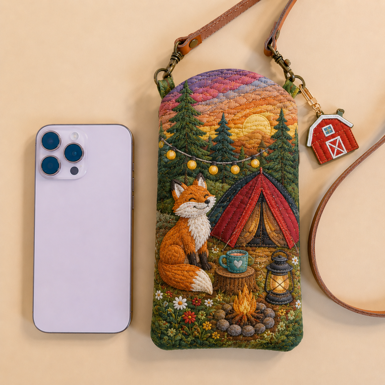 Sunset Fox Campsite Quilted Slim Phone Crossbody Bag