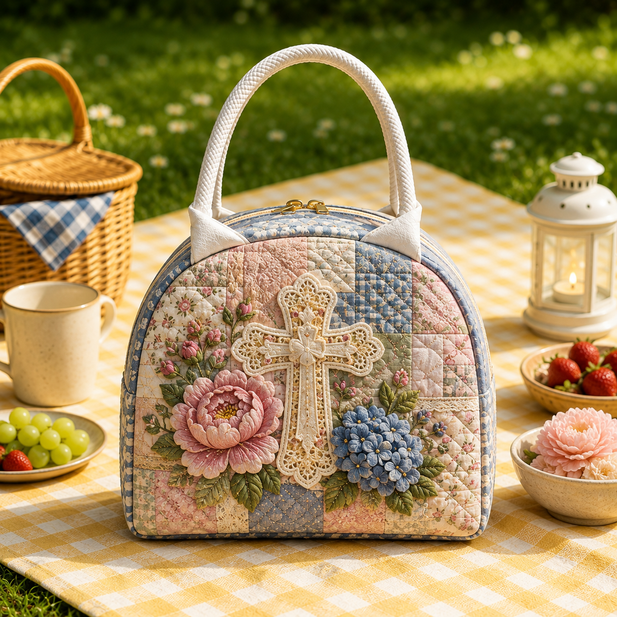 Lace Cross & Peonies Quilted Lunch Bag