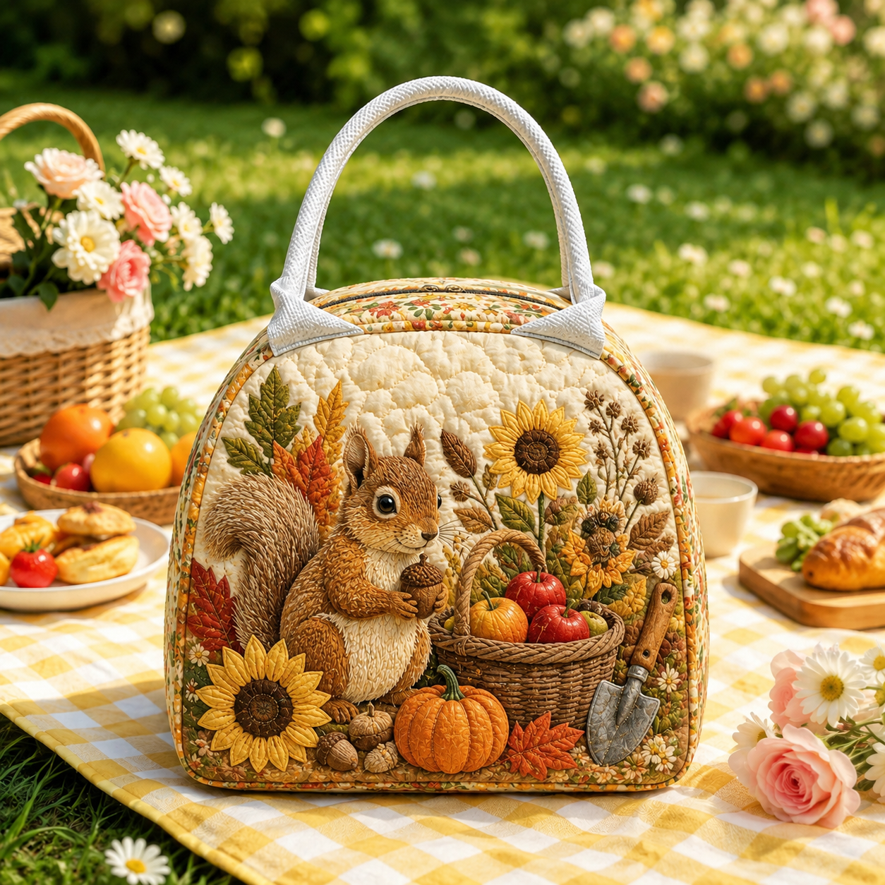 Woodland Squirrel Harvest Quilted Lunch Bag