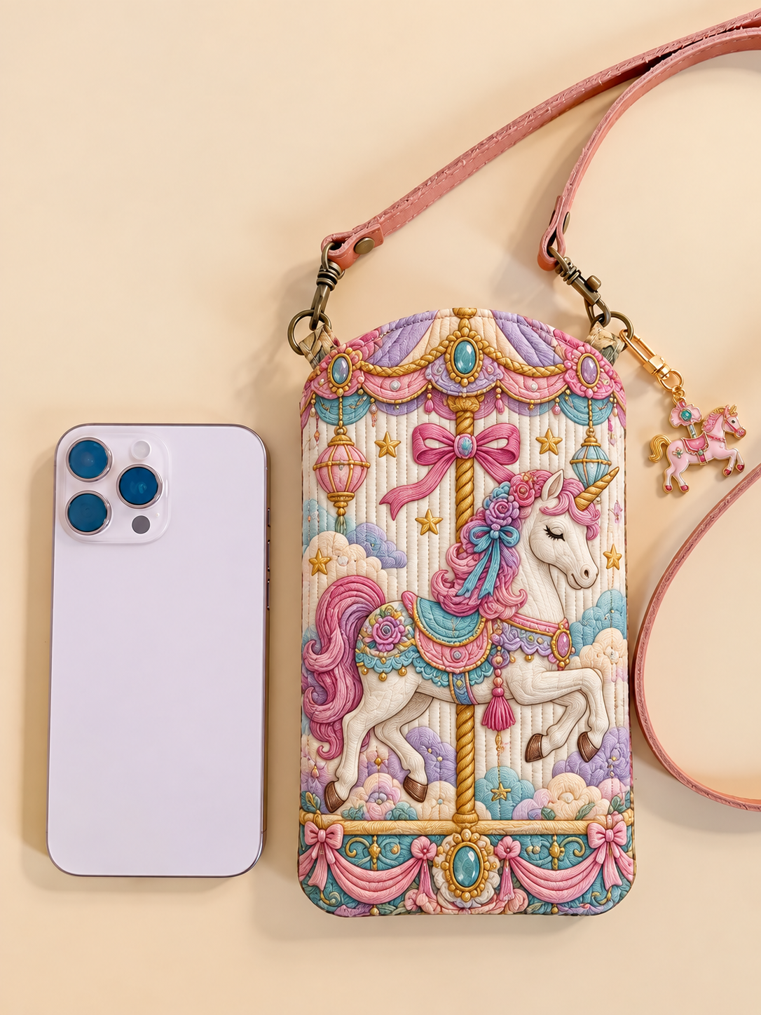 Whimsical Carousel Unicorn Quilted Slim Phone Crossbody Bag