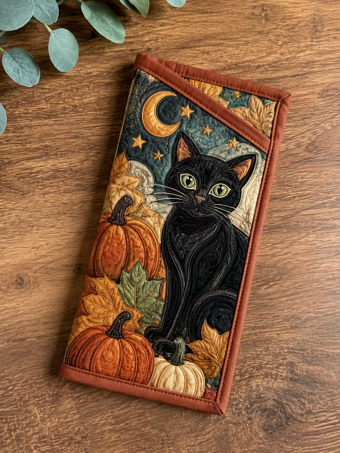 Black Cat Halloween Moon Quilted Eyeglass Case