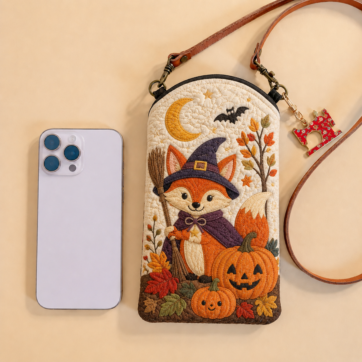 Witch Fox Pumpkin Patch Quilted Slim Phone Crossbody Bag