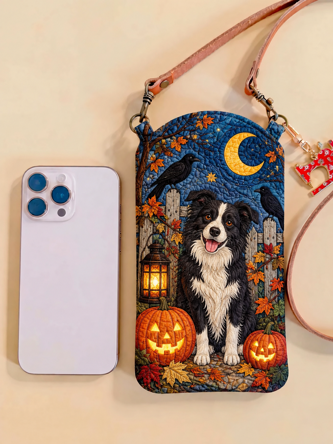 Moonlit Border Collie Halloween Quilted Slim Phone Crossbody Bag