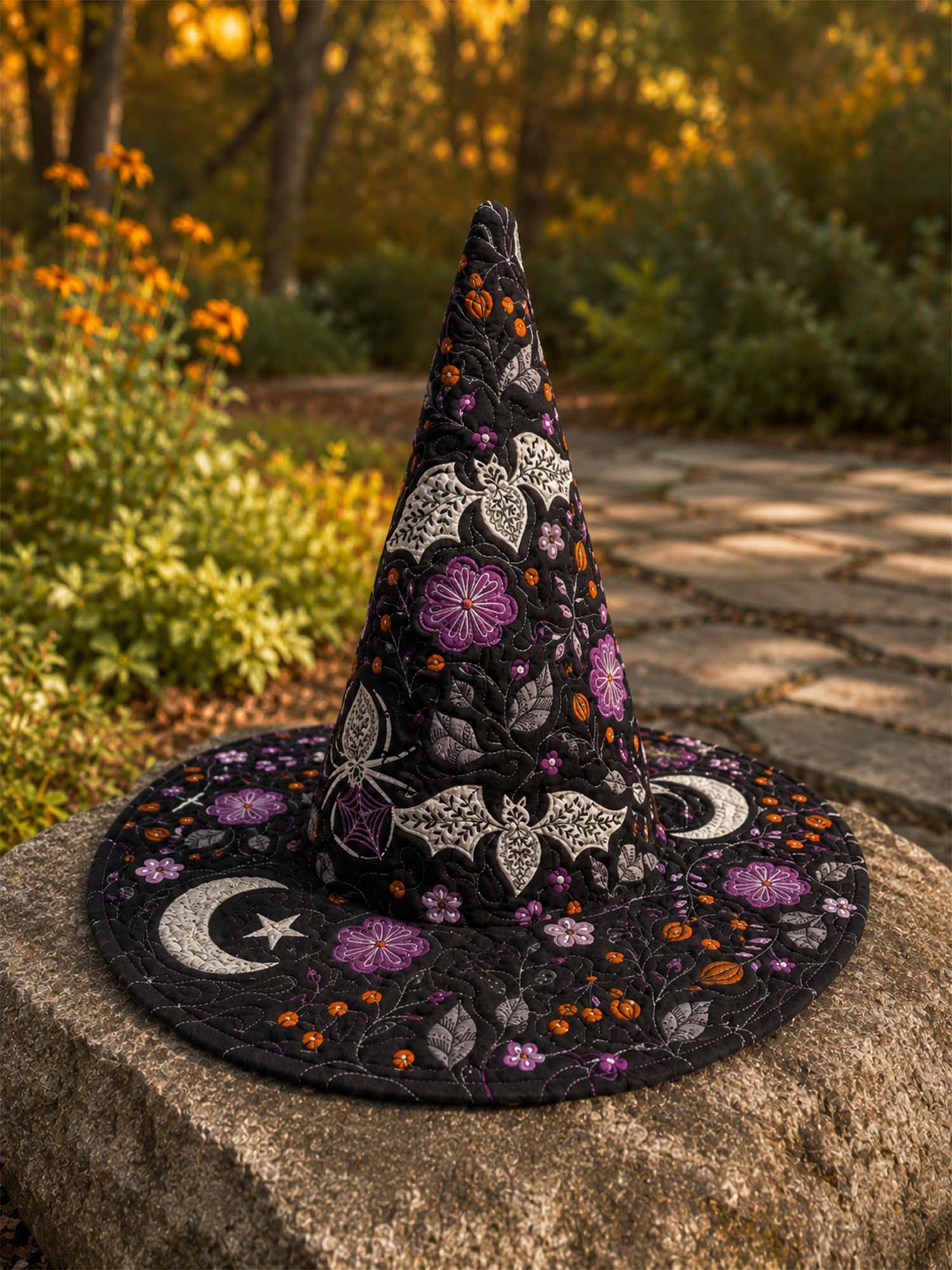 Bat Floral Moon Halloween Quilted Witch Hat