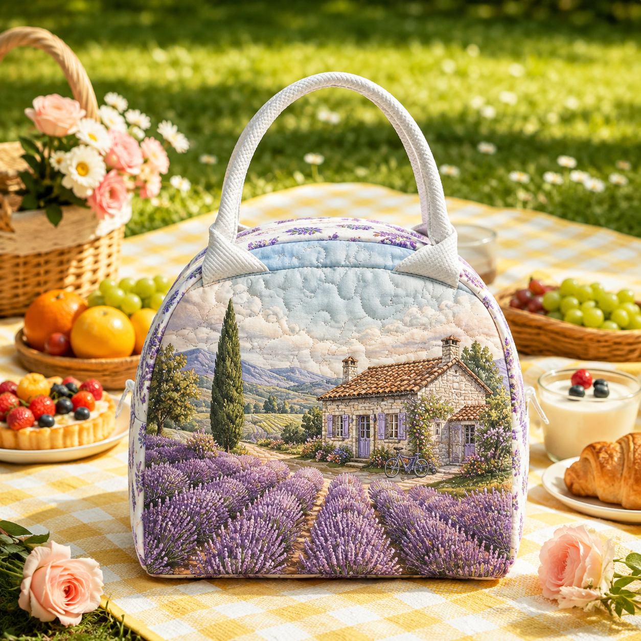 Lavender Cottage Countryside Quilted Lunch Bag