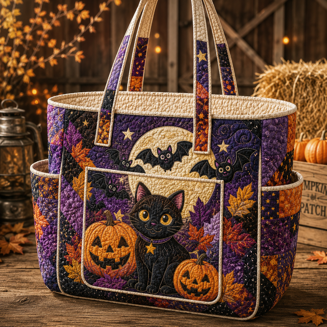 Black Cat Bat Moon Multiple Pockets Quilted Tote Bag