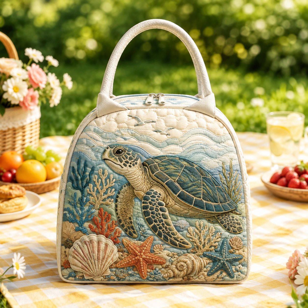 Coastal Shell Sea Turtle Quilted Lunch Bag