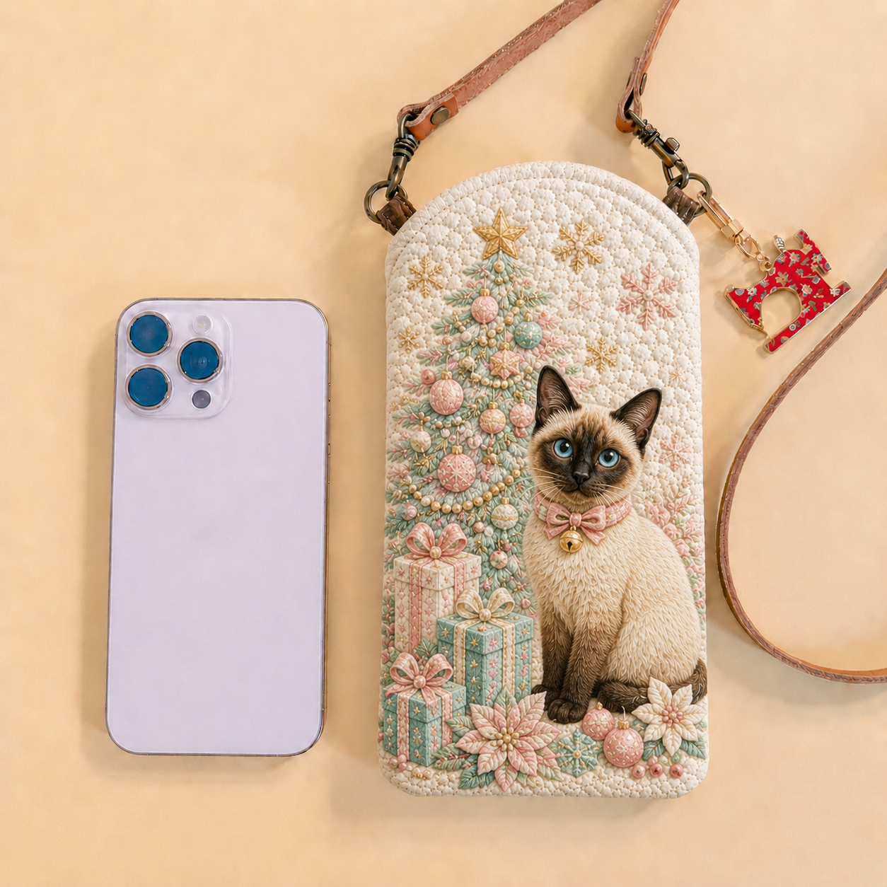 Pastel Siamese Christmas Tree Quilted Slim Phone Crossbody Bag