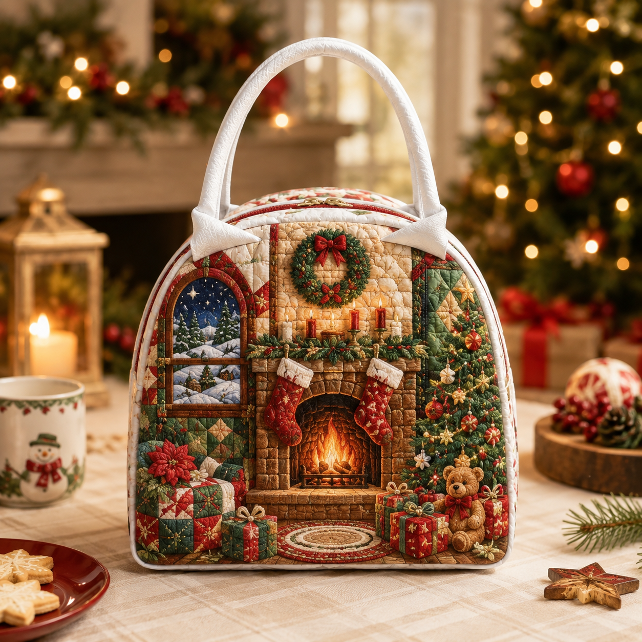 Christmas Fireplace Quilted Lunch Bag