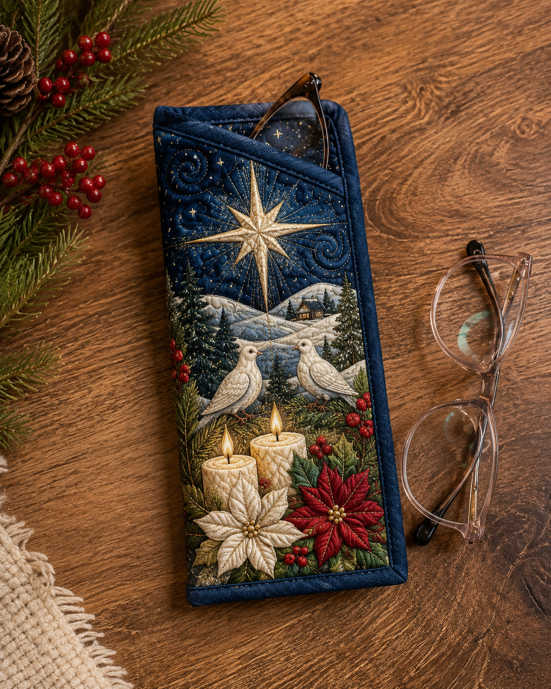 Silent Night Christmas Star Quilted Eyeglass Case