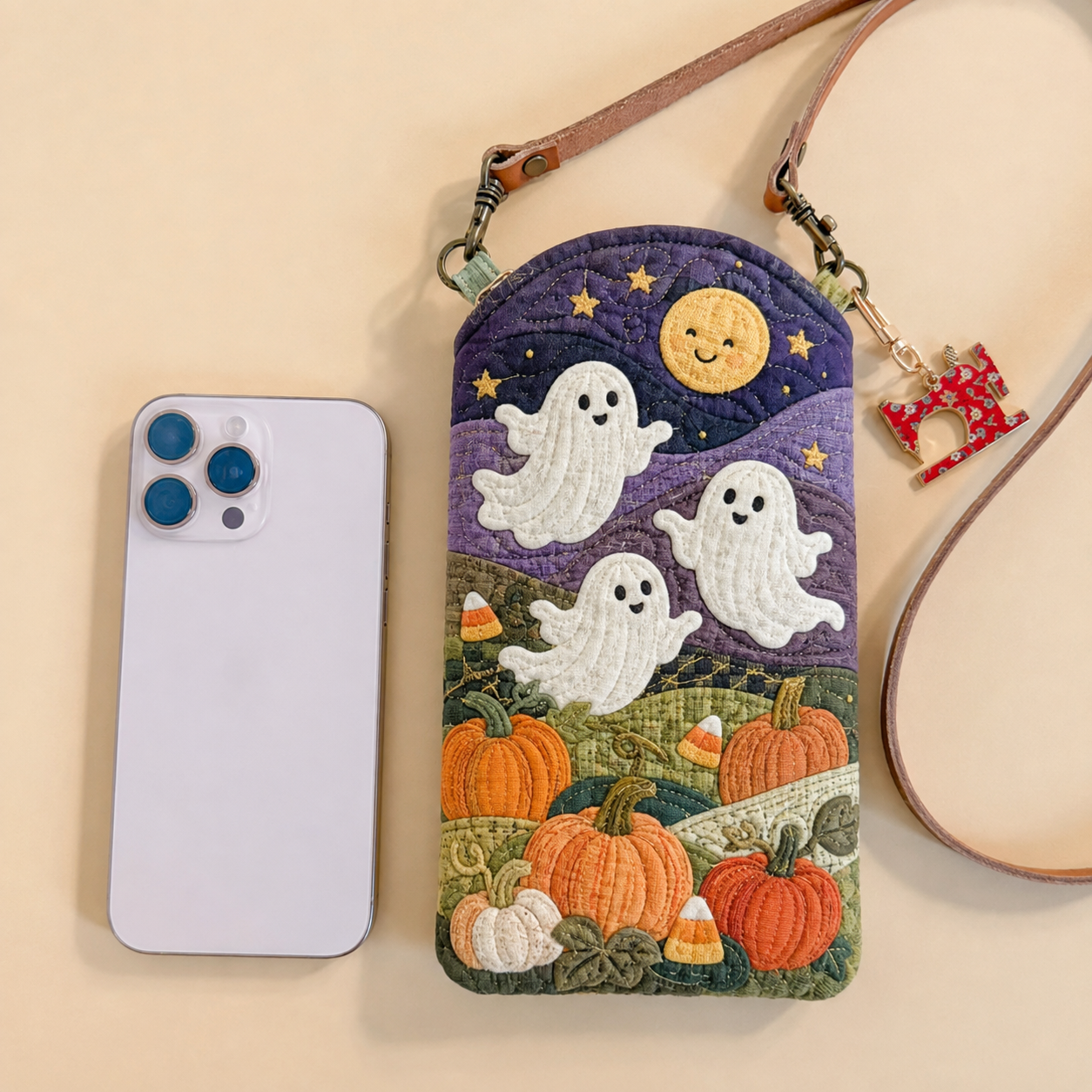 Friendly Ghost Pumpkin Patch Quilted Slim Phone Crossbody Bag