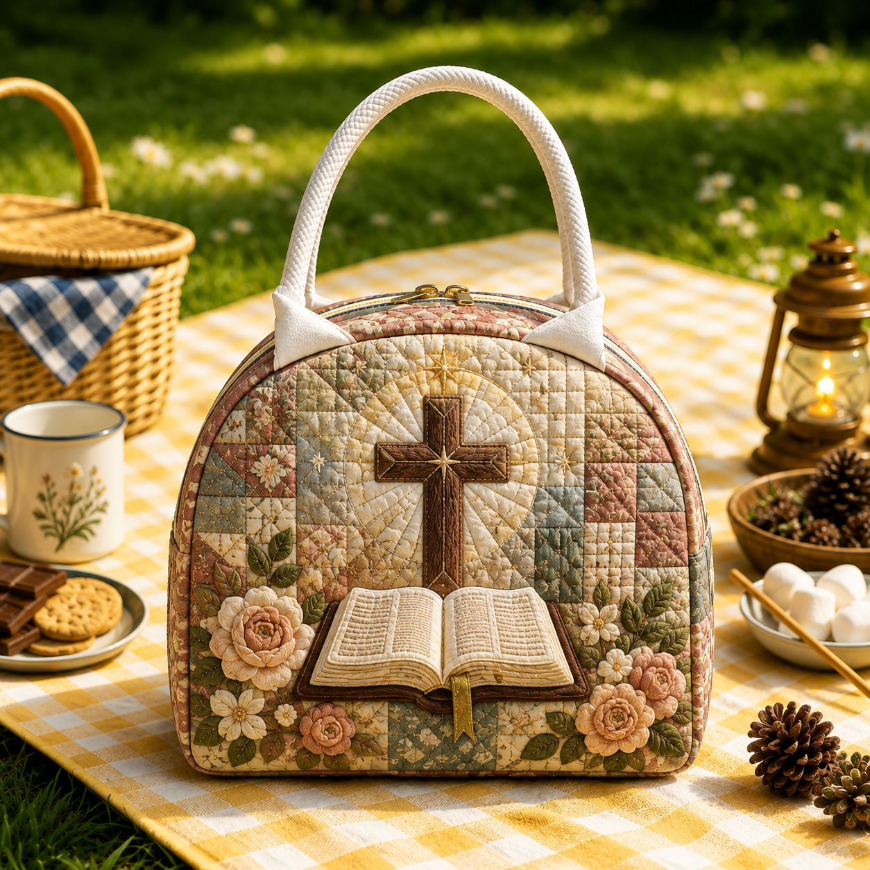 Bible & Cross Floral Quilted Lunch Bag