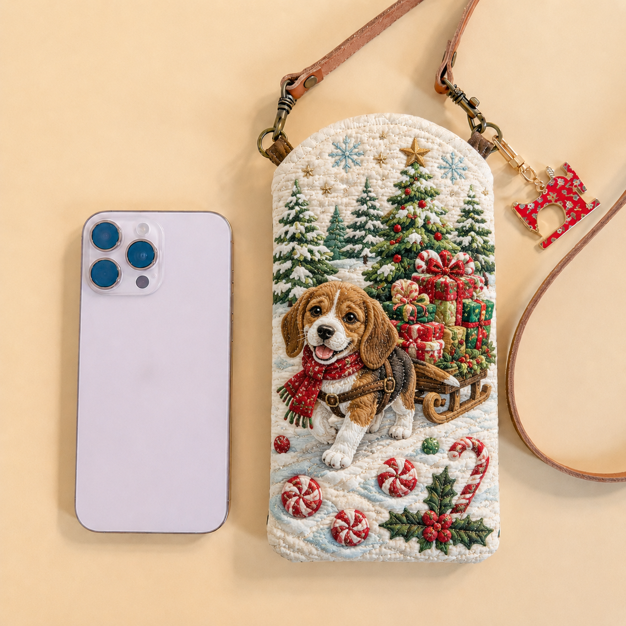 Beagle Christmas Sled Quilted Slim Phone Crossbody Bag