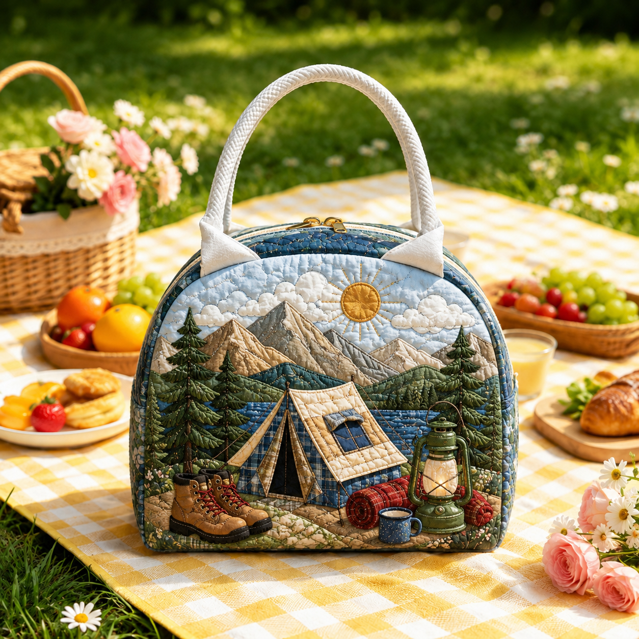 Mountain Tent Adventure Quilted Lunch Bag