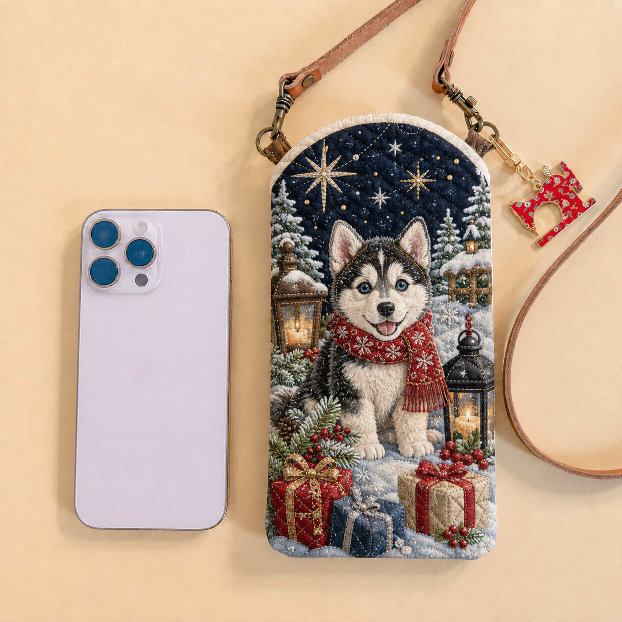 Husky Winter Christmas Night Quilted Slim Phone Crossbody Bag