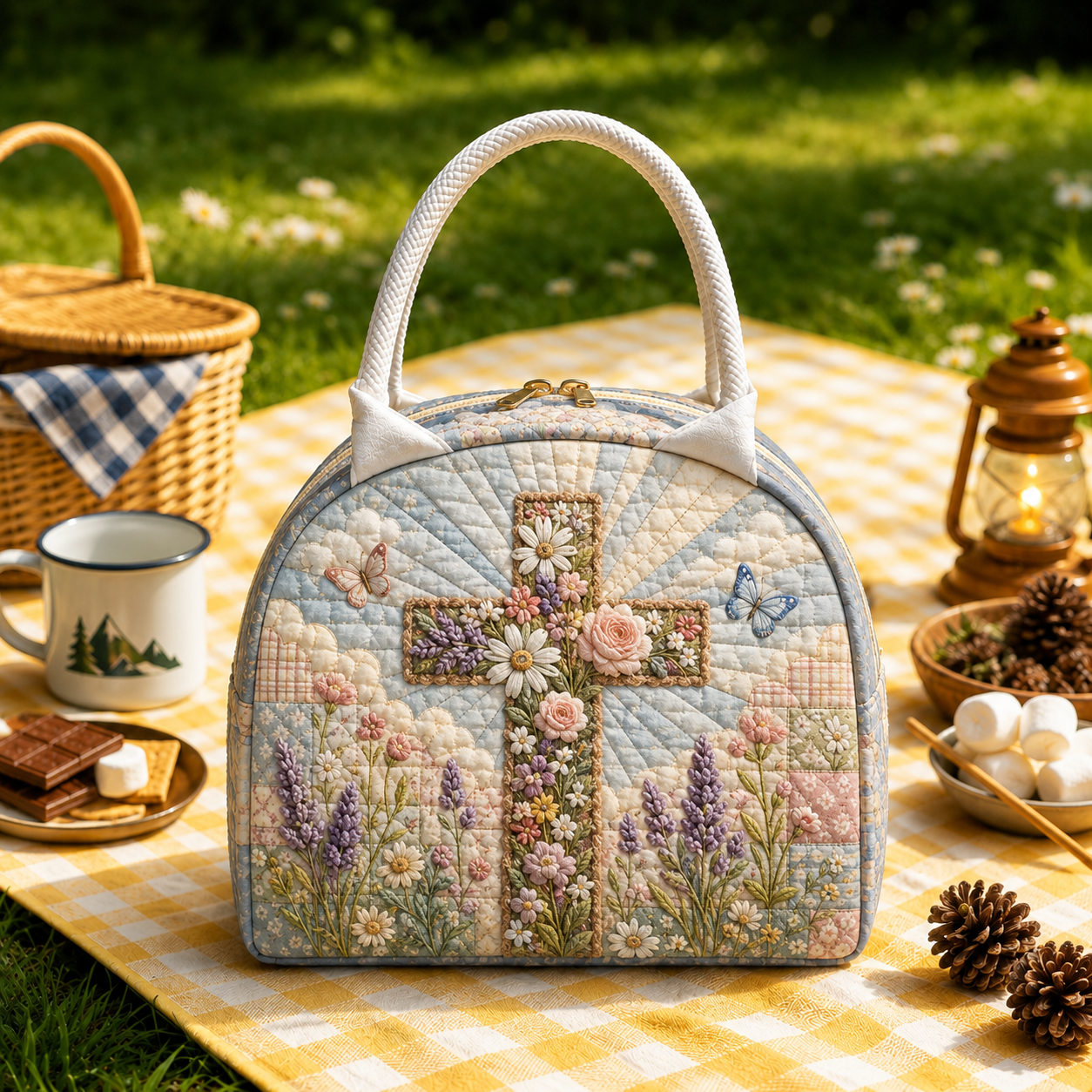 Floral Faith Cross Quilted Lunch Bag