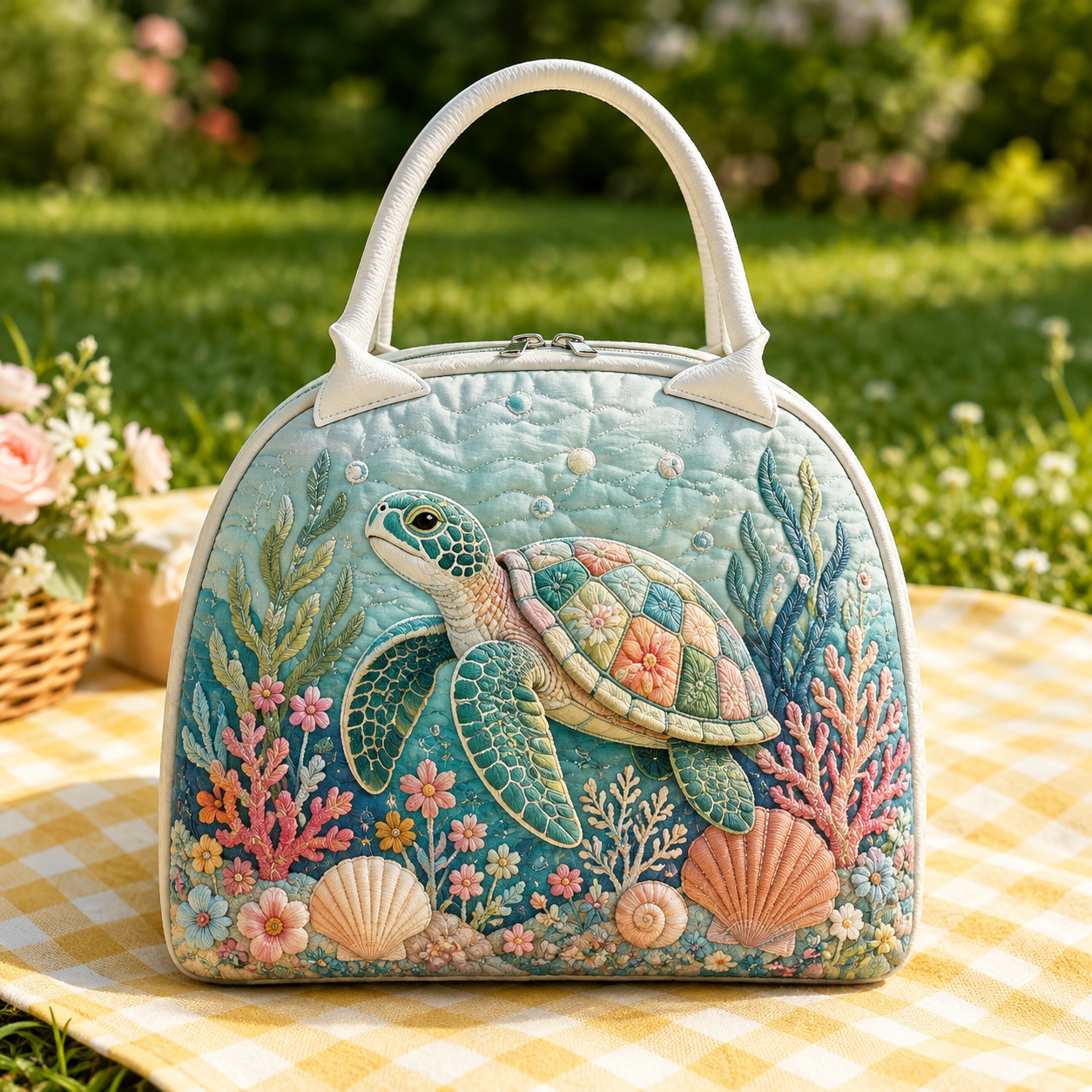 Pastel Coral Sea Turtle Quilted Lunch Bag