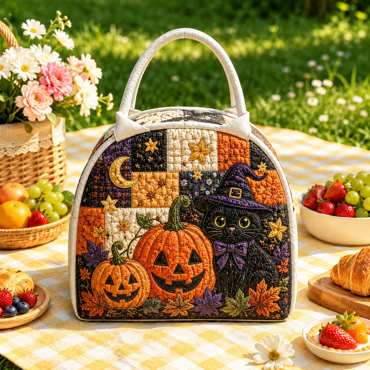 Black Cat & Jack-o’-Lantern Quilted Lunch Bag