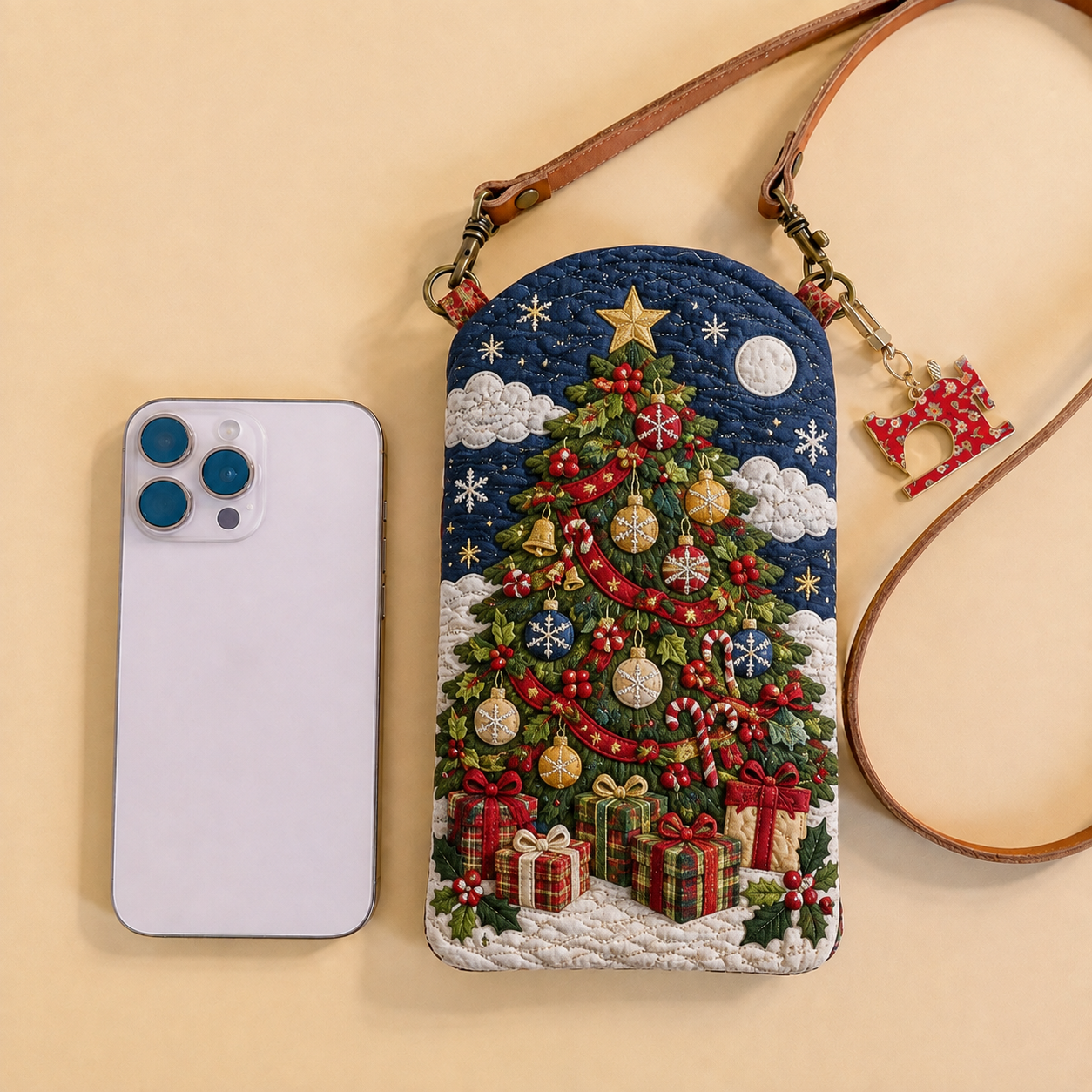 Classic Christmas Tree Quilted Slim Phone Crossbody Bag