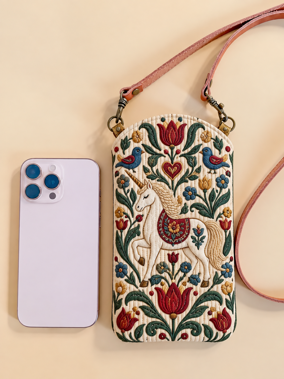 Folk Art Floral Unicorn Quilted Slim Phone Crossbody Bag