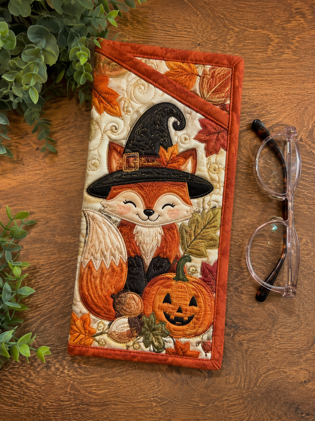 Fox Witch & Pumpkin Halloween Quilted Eyeglass Case