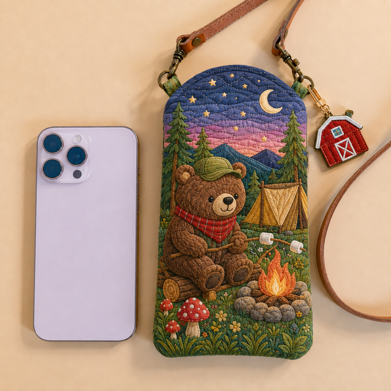 Campfire Bear Adventure Quilted Slim Phone Crossbody Bag