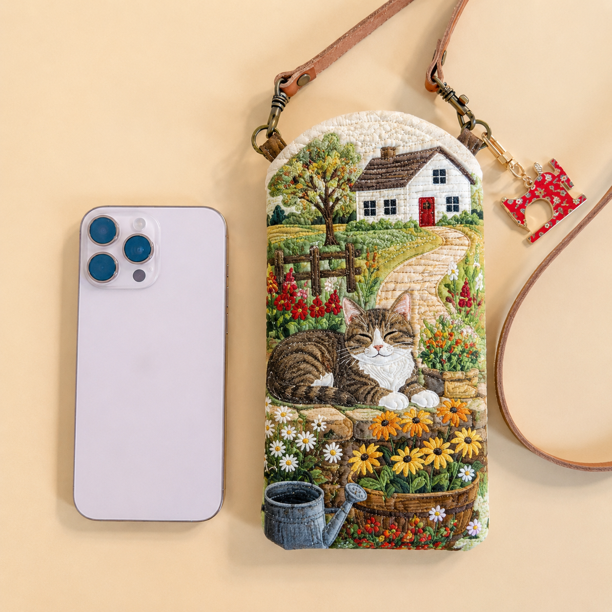 Cottage Farm Cat Quilted Slim Phone Crossbody Bag