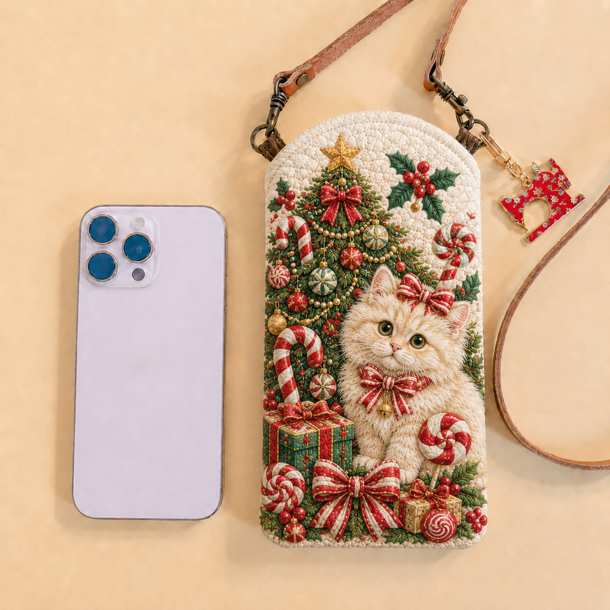 Persian Cat Christmas Candy Quilted Slim Phone Crossbody Bag