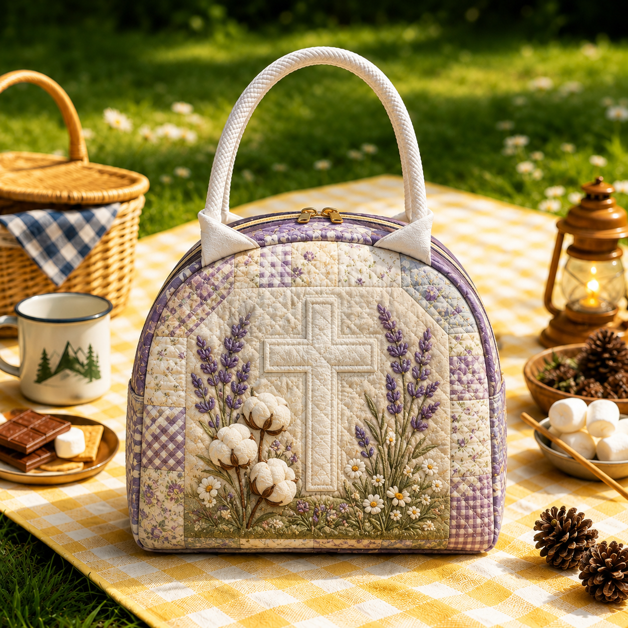 Lavender Cotton Cross Quilted Lunch Bag