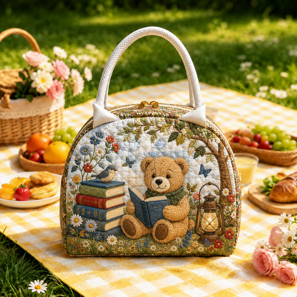 Teddy Bear Reading Quilted Lunch Bag