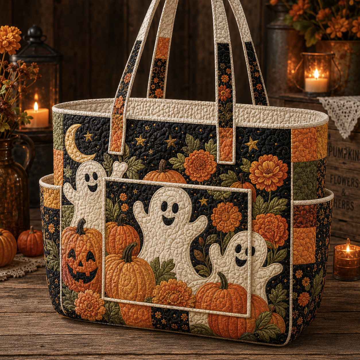 Ghost Pumpkin Floral Multiple Pockets Quilted Tote Bag