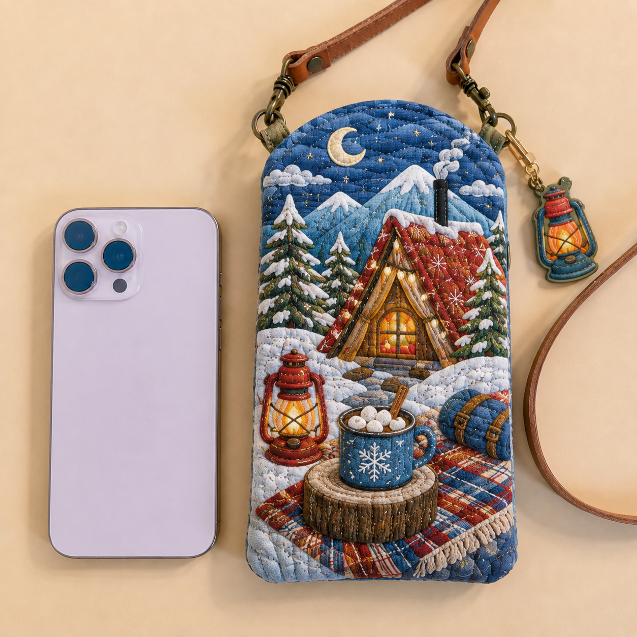 Cozy Winter Camping Quilted Slim Phone Crossbody Bag